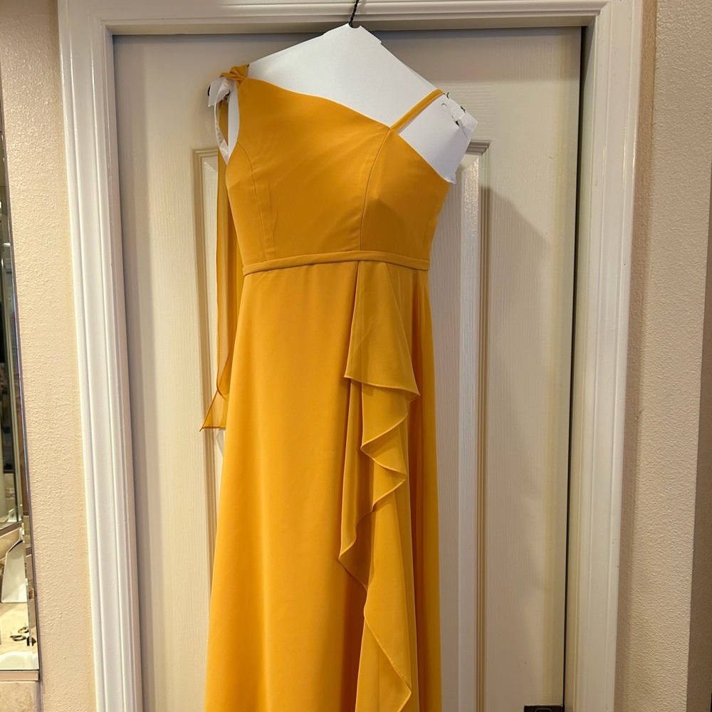 A-Line Bow Chiffon Floor-Length Junior Bridesmaid Dress . Color Marigold